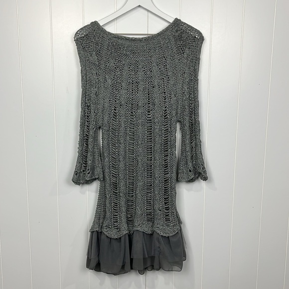 Pretty Angel Womens Open Crochet Tunic L Gray Pullover 3/4 Bell Sleeves Unique - Picture 8 of 12